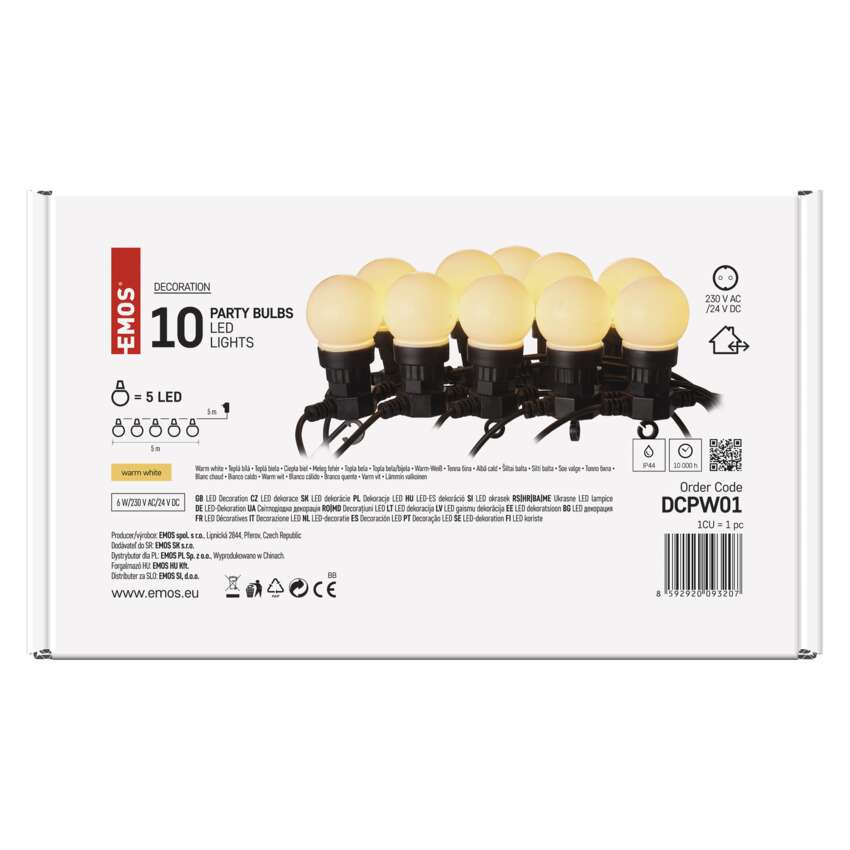 LED svetlobna veriga – 10x party lučke mlečne, 5 m, zunanja in notranja, topla bela