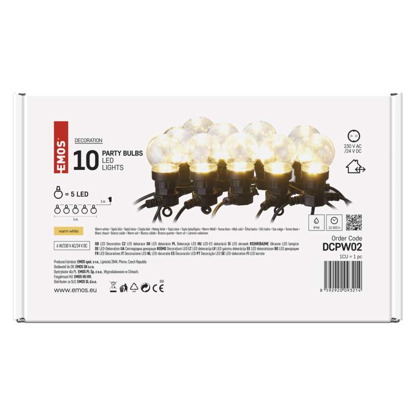 LED svetlobna veriga – 10x party lučke prozorne, 5 m, zunanja in notranja, topla bela
