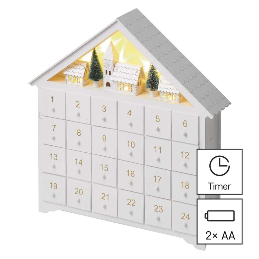LED lesen adventni koledar, 35x33 cm, 2x AA, notranji, topla bela, časovnik