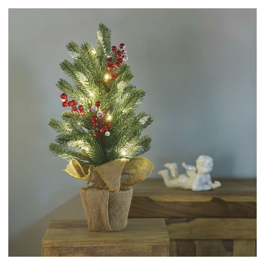 LED božična jelka zasnežena, 52 cm, 3x AA, notranja, topla bela, časovnik
