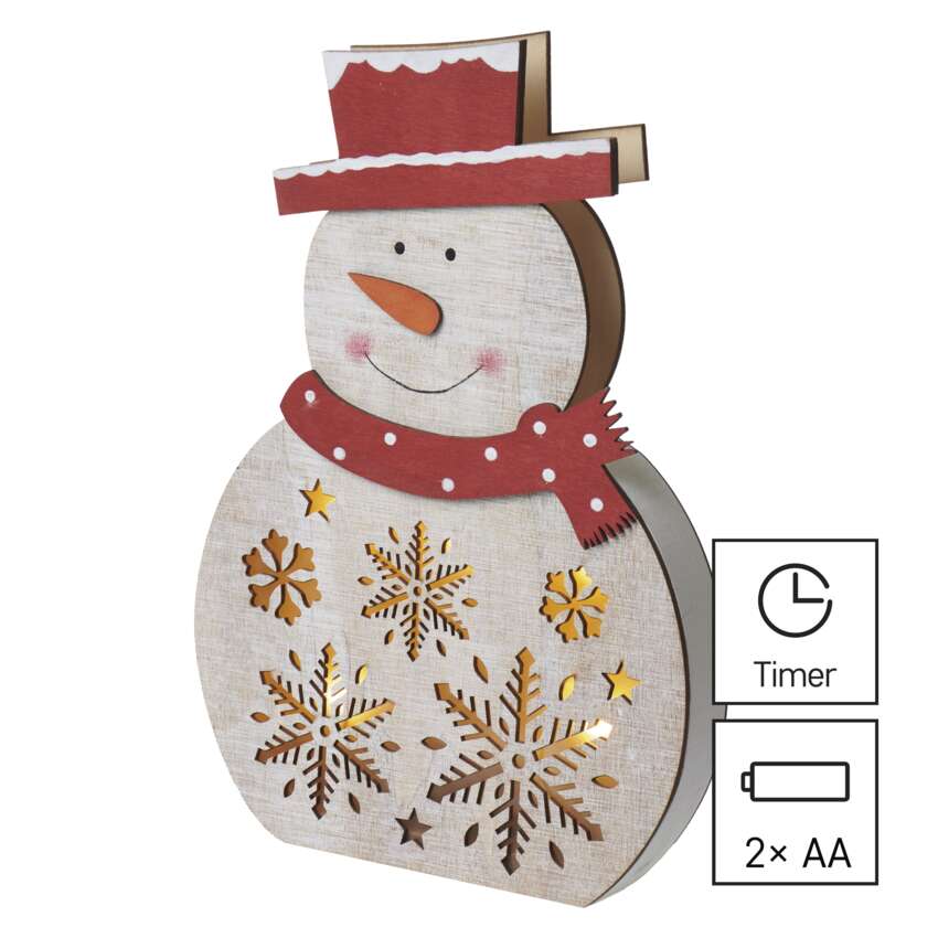 LED božični snežak lesen, 30 cm, 2x AAA, notranji, topla bela, časovnik
