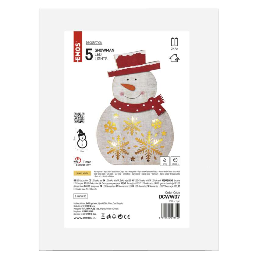 LED božični snežak lesen, 30 cm, 2x AAA, notranji, topla bela, časovnik