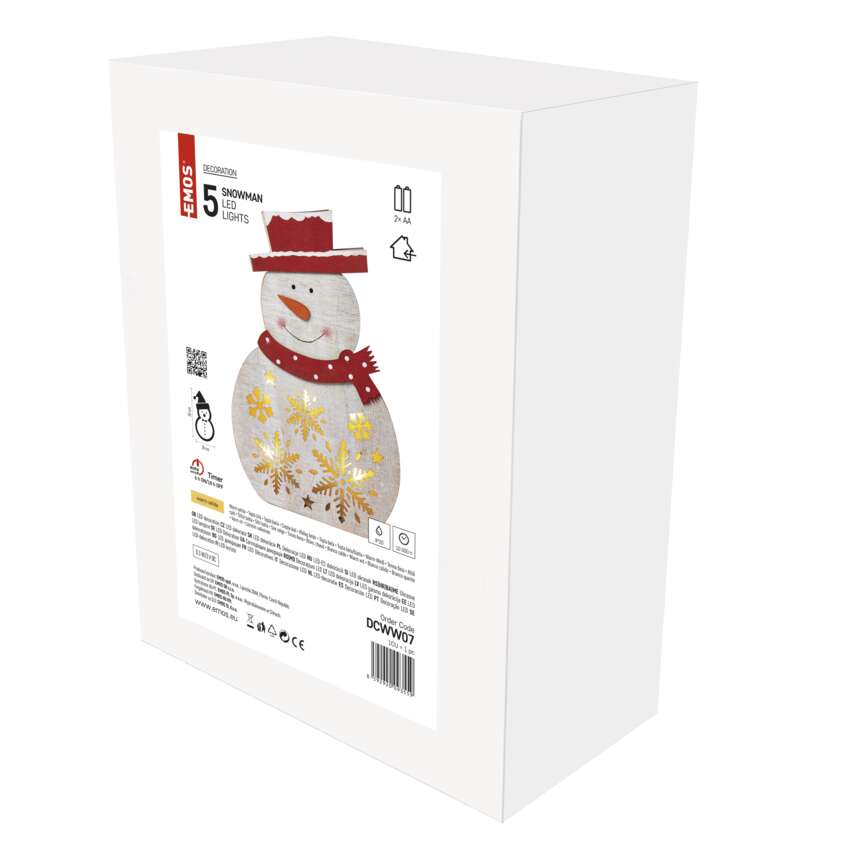 LED božični snežak lesen, 30 cm, 2x AAA, notranji, topla bela, časovnik