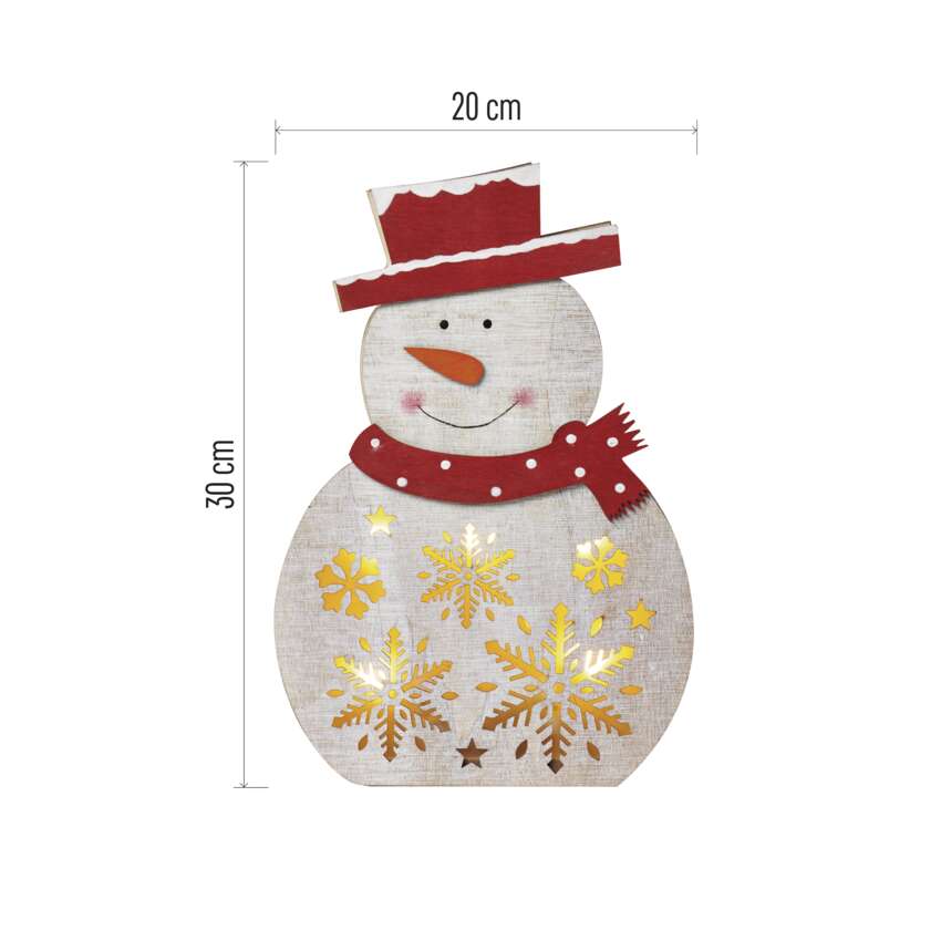 LED božični snežak lesen, 30 cm, 2x AAA, notranji, topla bela, časovnik