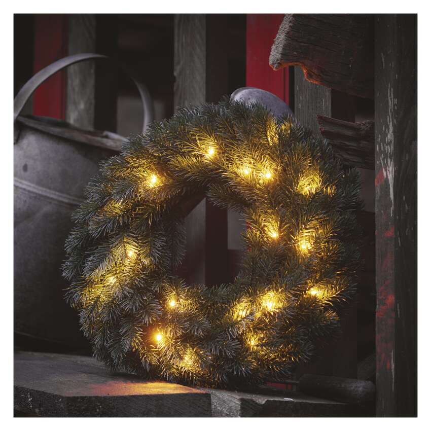 LED božični venec, 40 cm, 2x AA, notranji, topla bela, časovnik
