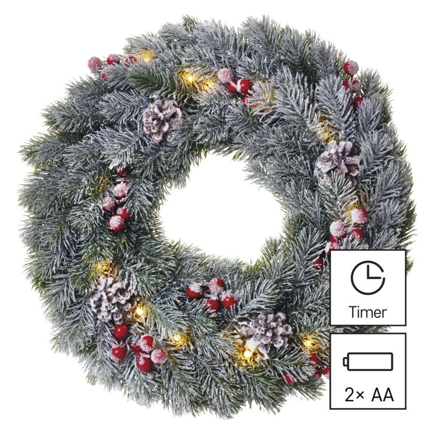 LED božični venec zasnežen, 38 cm, 2x AA, notranji, topla bela, časovnik
