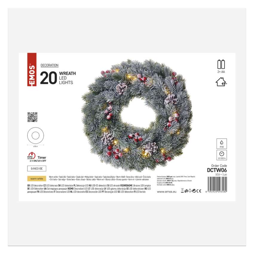LED božični venec zasnežen, 38 cm, 2x AA, notranji, topla bela, časovnik