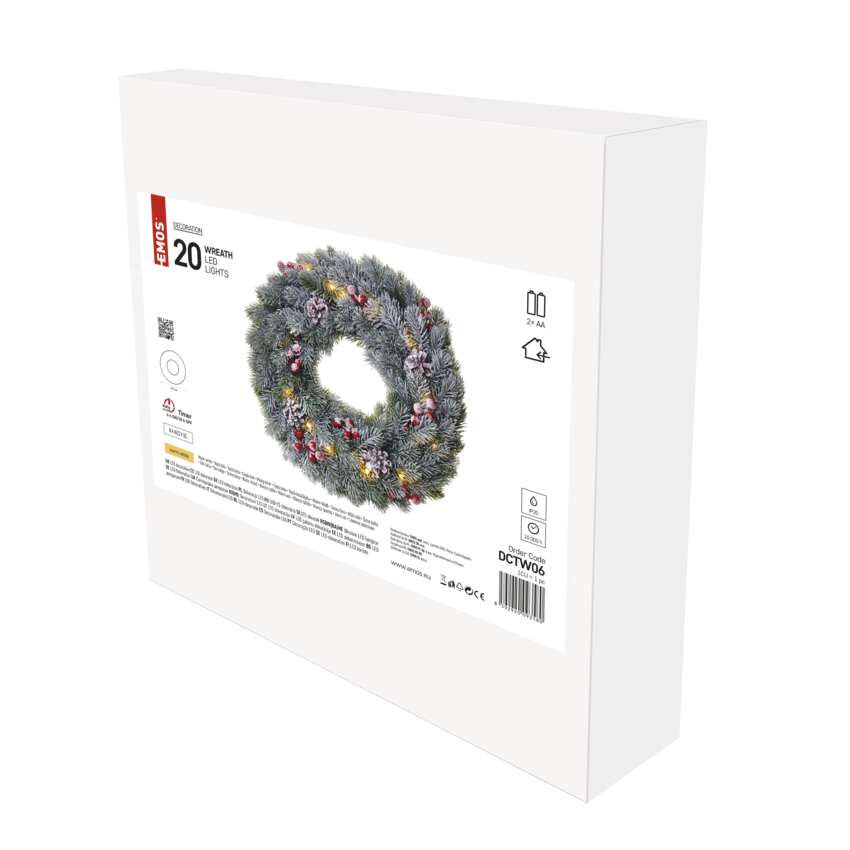 LED božični venec zasnežen, 38 cm, 2x AA, notranji, topla bela, časovnik