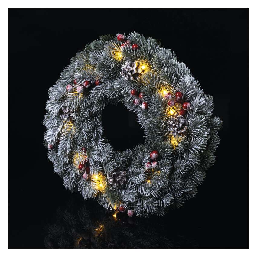 LED božični venec zasnežen, 38 cm, 2x AA, notranji, topla bela, časovnik
