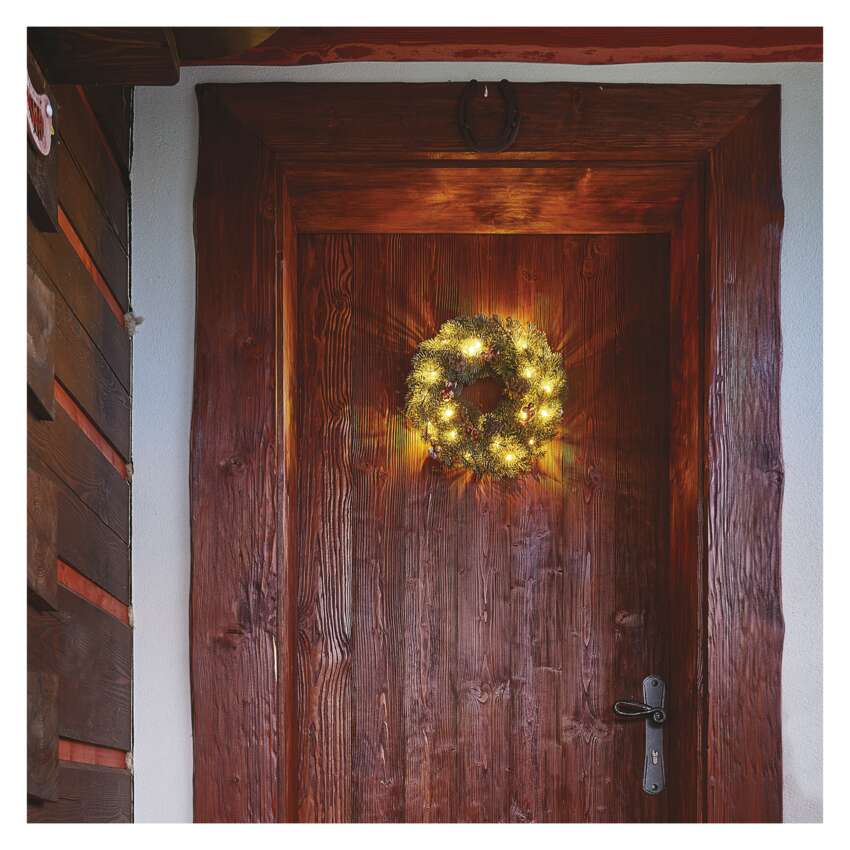 LED božični venec zasnežen, 38 cm, 2x AA, notranji, topla bela, časovnik