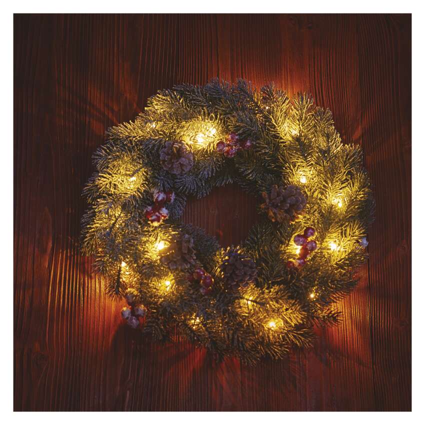LED božični venec zasnežen, 38 cm, 2x AA, notranji, topla bela, časovnik