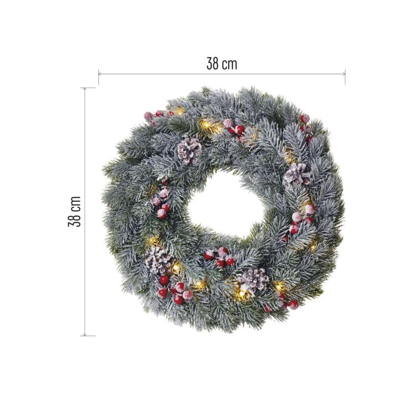 LED božični venec zasnežen, 38 cm, 2x AA, notranji, topla bela, časovnik