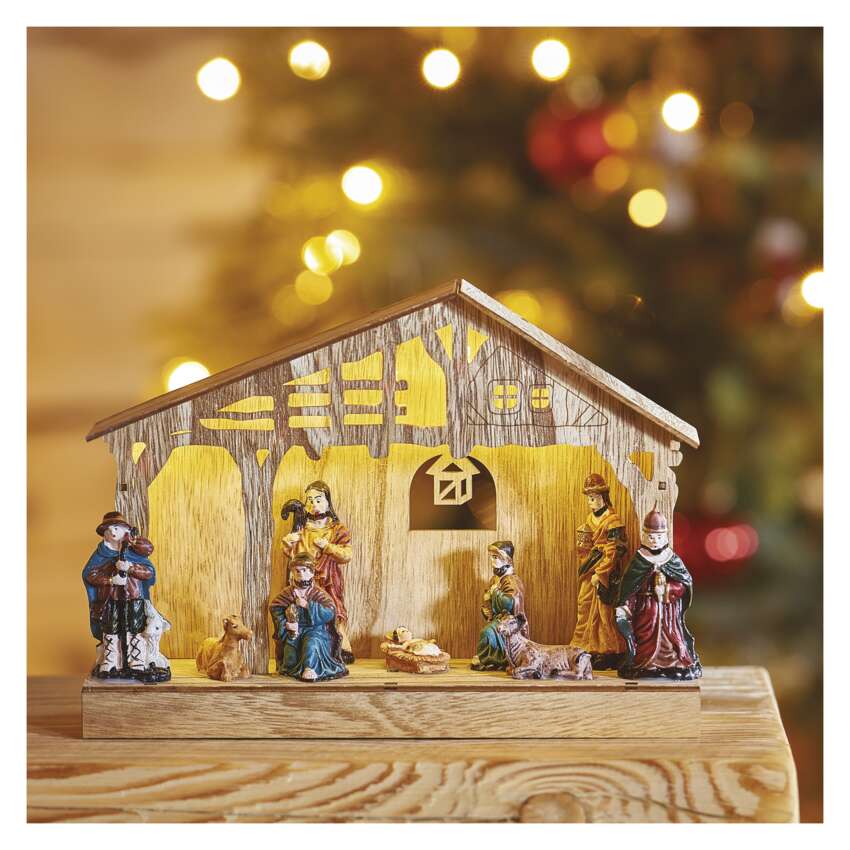 LED božične jaslice lesene, 19 cm, 3x AA, notranje, topla bela, časovnik