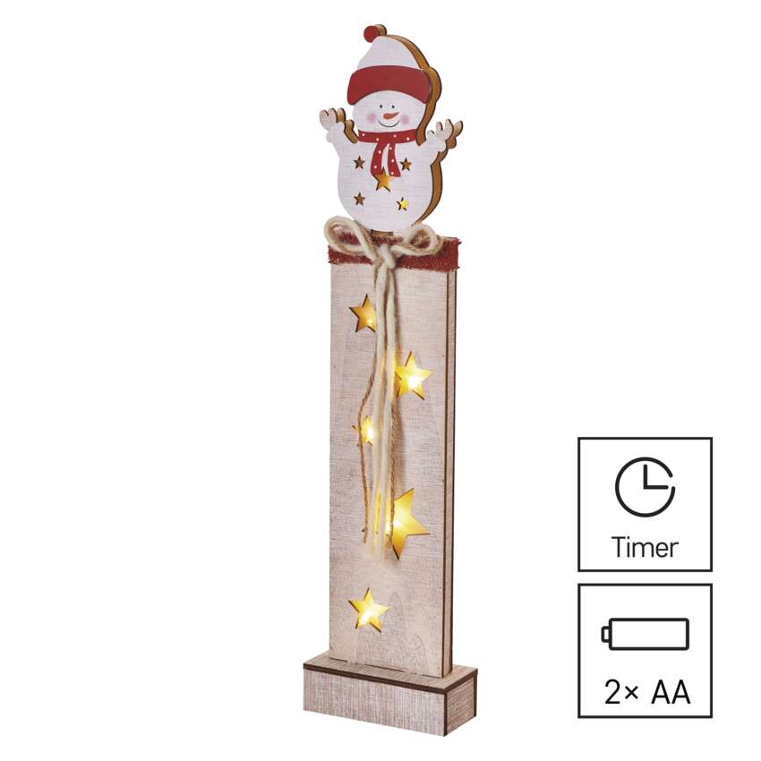 LED lesena dekoracija – snežak, 46 cm, 2x AA, notranja, topla bela, časovnik