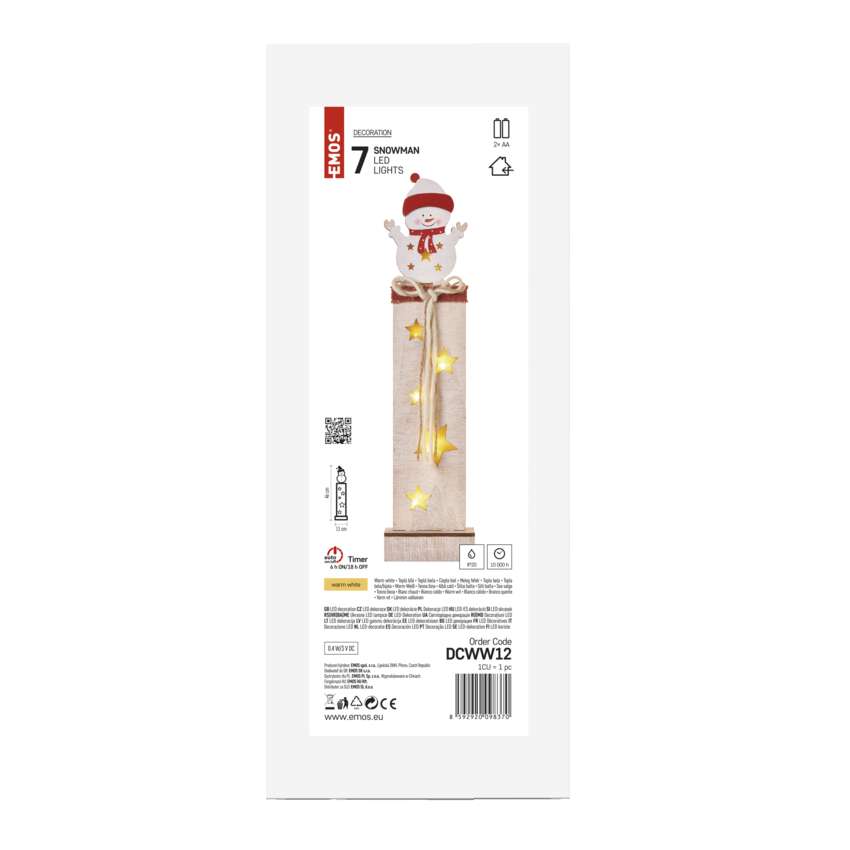 LED lesena dekoracija – snežak, 46 cm, 2x AA, notranja, topla bela, časovnik