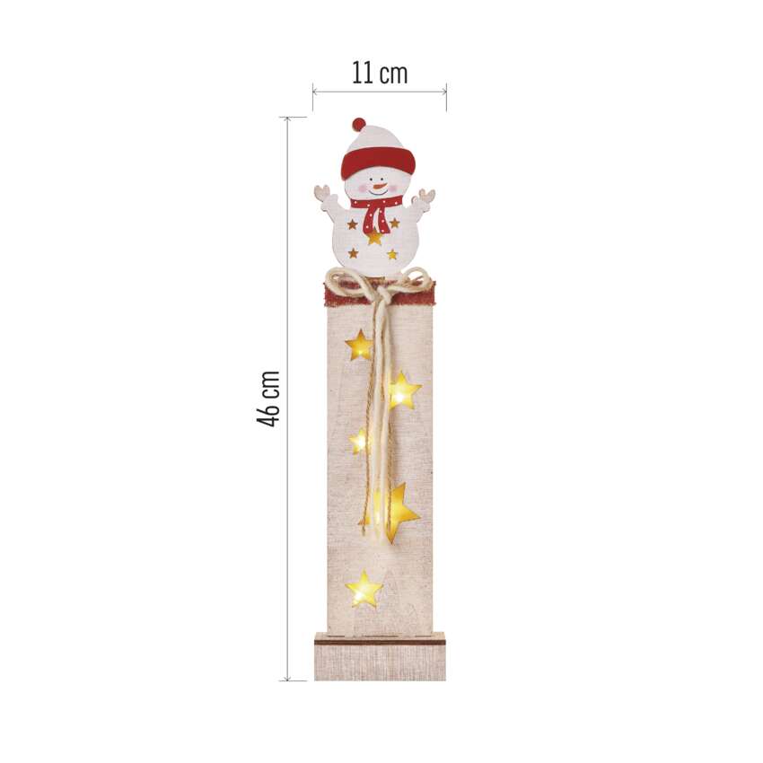 LED lesena dekoracija – snežak, 46 cm, 2x AA, notranja, topla bela, časovnik