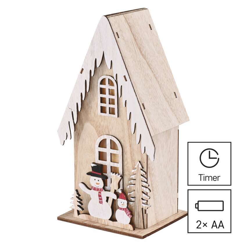 LED lesena dekoracija –  hiška s snežaki, 28,5 cm, 2x AA, notranja, topla bela, časovnik