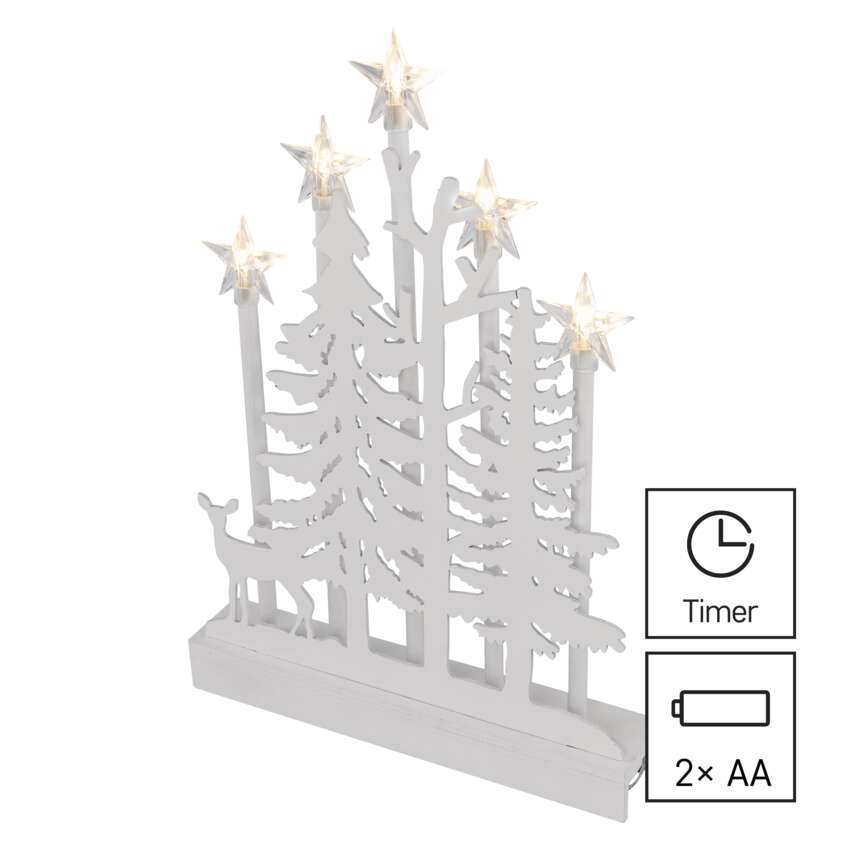 LED lesena dekoracija – gozd z zvezdami, 35,5 cm, 2x AA, notranja, topla bela, časovnik