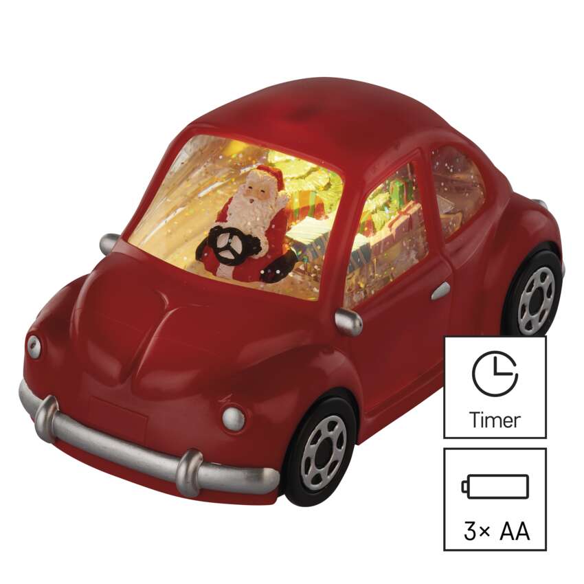 LED dekoracija – avto s Santo, 10 cm, 3x AA, notranja, topla bela, časovnik