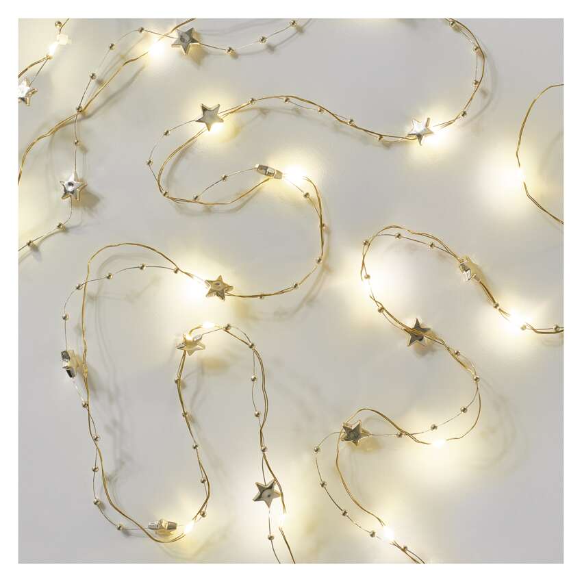 LED božična veriga zlata – zvezdice, 1,9 m, 2x AA, notranji, topla bela, časovnik