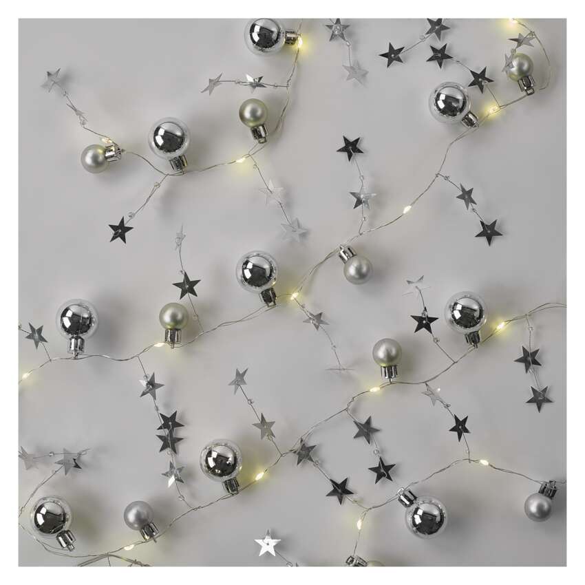 LED božična girlanda – srebrne krogle z zvez., 1,9 m, 2xAA, notranji, topla bela, časovnik