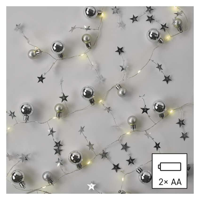 LED božična girlanda – srebrne krogle z zvez., 1,9 m, 2xAA, notranji, topla bela, časovnik