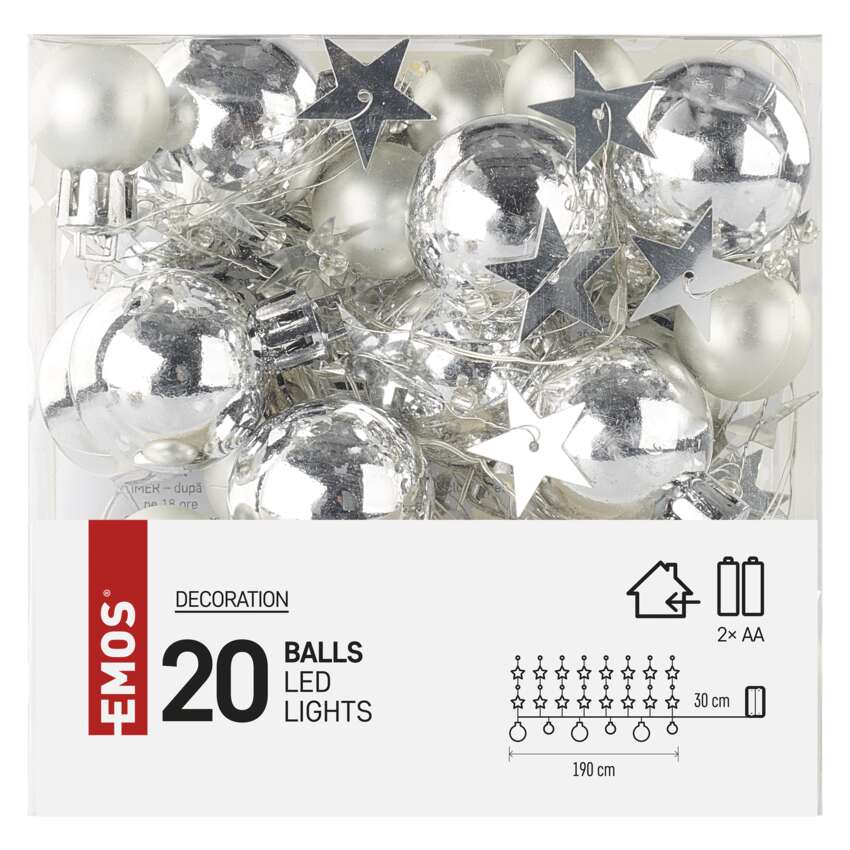 LED božična girlanda – srebrne krogle z zvez., 1,9 m, 2xAA, notranji, topla bela, časovnik