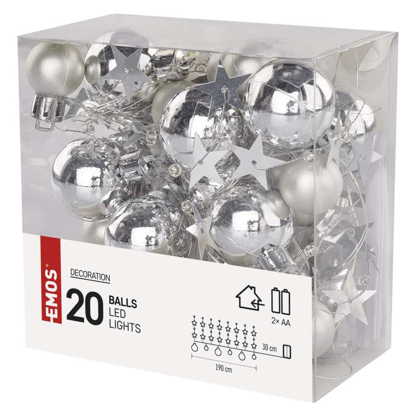LED božična girlanda – srebrne krogle z zvez., 1,9 m, 2xAA, notranji, topla bela, časovnik