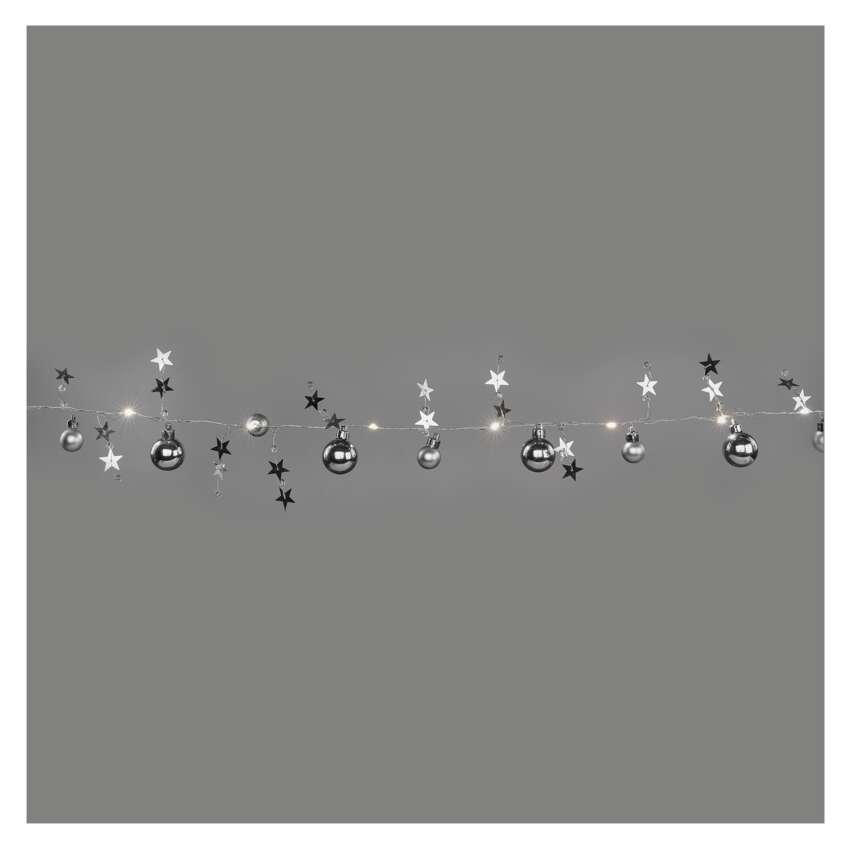 LED božična girlanda – srebrne krogle z zvez., 1,9 m, 2xAA, notranji, topla bela, časovnik