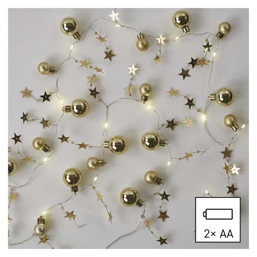 LED božična girlanda – zlate krogle z zvezdami, 1,9 m, 2x AA, notranji, topla bela, časov.
