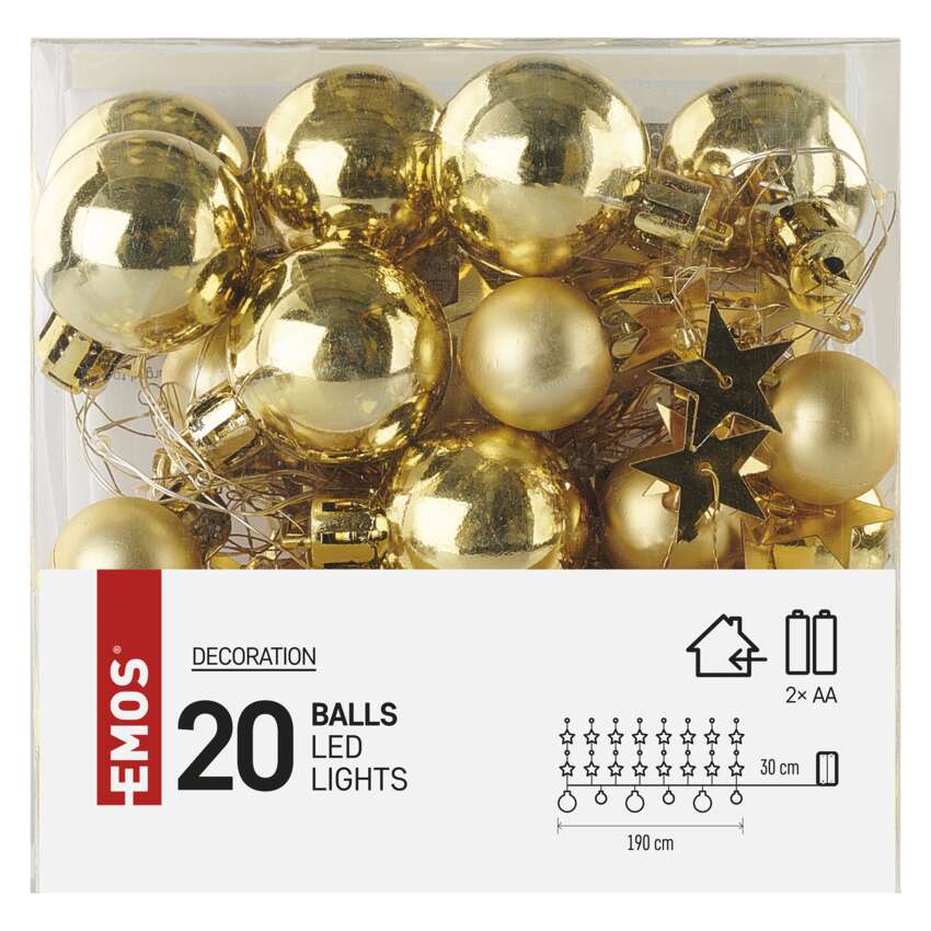 LED božična girlanda – zlate krogle z zvezdami, 1,9 m, 2x AA, notranji, topla bela, časov.