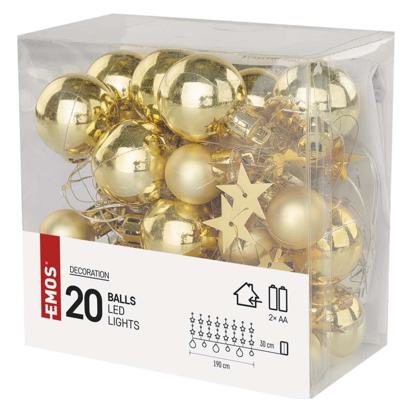 LED božična girlanda – zlate krogle z zvezdami, 1,9 m, 2x AA, notranji, topla bela, časov.