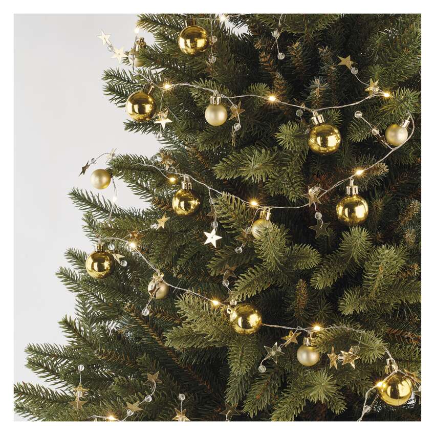 LED božična girlanda – zlate krogle z zvezdami, 1,9 m, 2x AA, notranji, topla bela, časov.