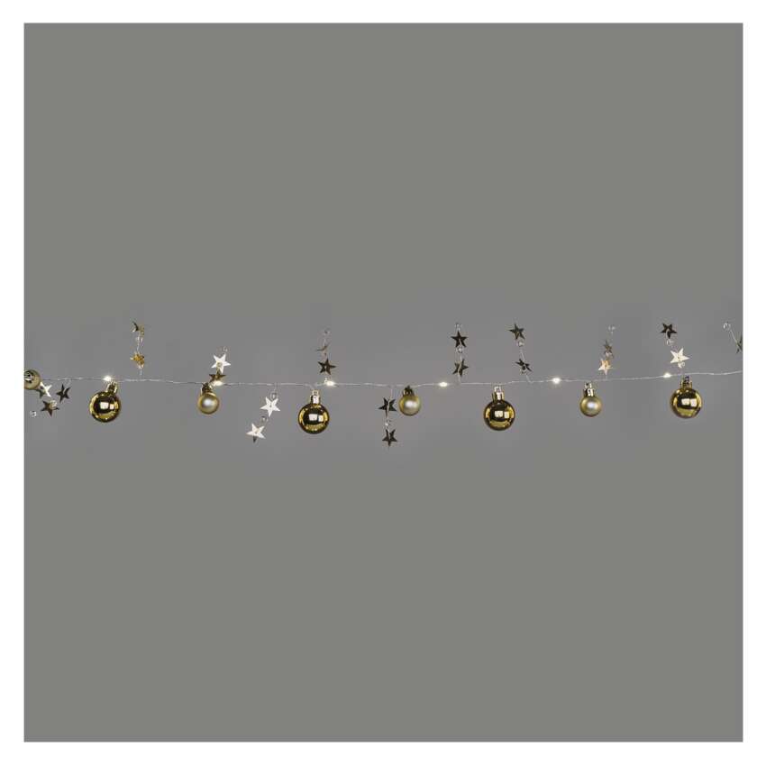 LED božična girlanda – zlate krogle z zvezdami, 1,9 m, 2x AA, notranji, topla bela, časov.