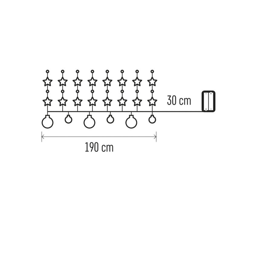 LED božična girlanda – zlate krogle z zvezdami, 1,9 m, 2x AA, notranji, topla bela, časov.