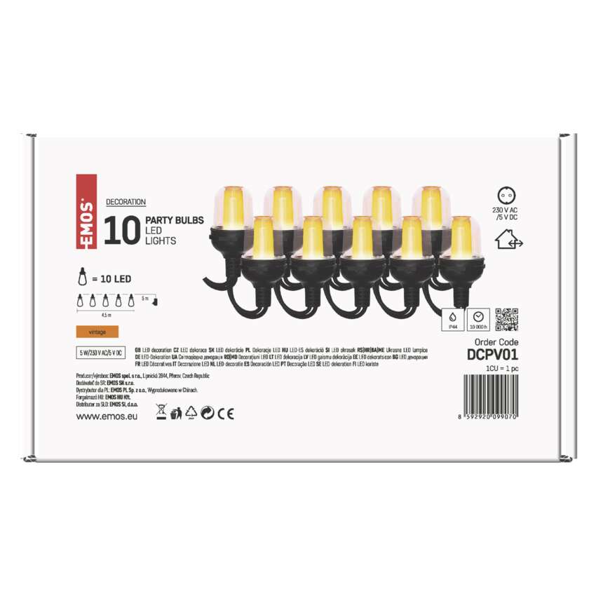 LED svetlobna veriga – 10x party lučke, 4,5 m, zunanja in notranja, vintage