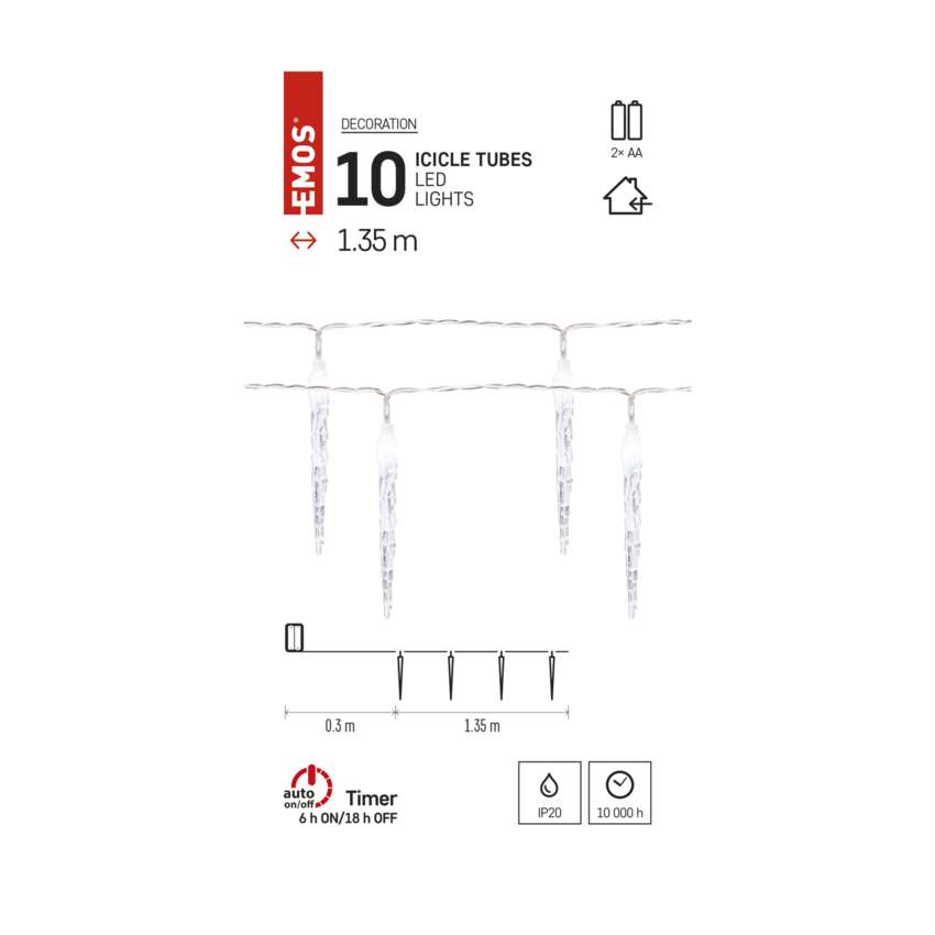 LED božična girlanda – 10x ledena sveča, 1,35 m,  2x AA, notranja, hladna bela, časovnik