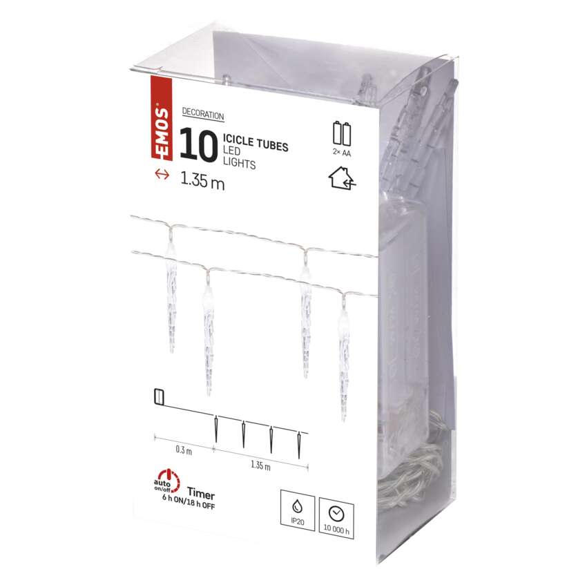 LED božična girlanda – 10x ledena sveča, 1,35 m,  2x AA, notranja, hladna bela, časovnik