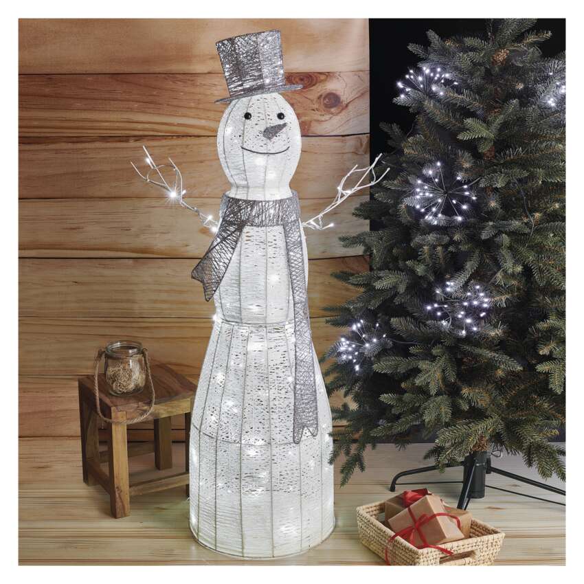 LED božični snežak iz trstike, 124 cm, notranji, hladna bela, časovnik