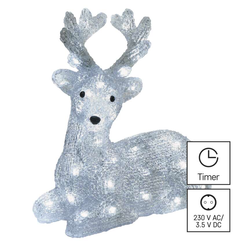 LED božični jelenček, 27 cm, zunanji in notranji, hladna bela, časovnik