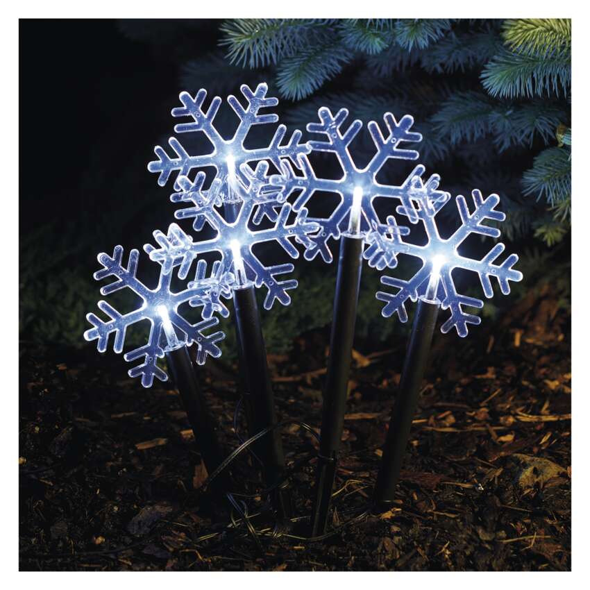 LED božične vbodne snežinke, 35 cm, 3x AA, zunanje in notranje, hladna bela, časovnik