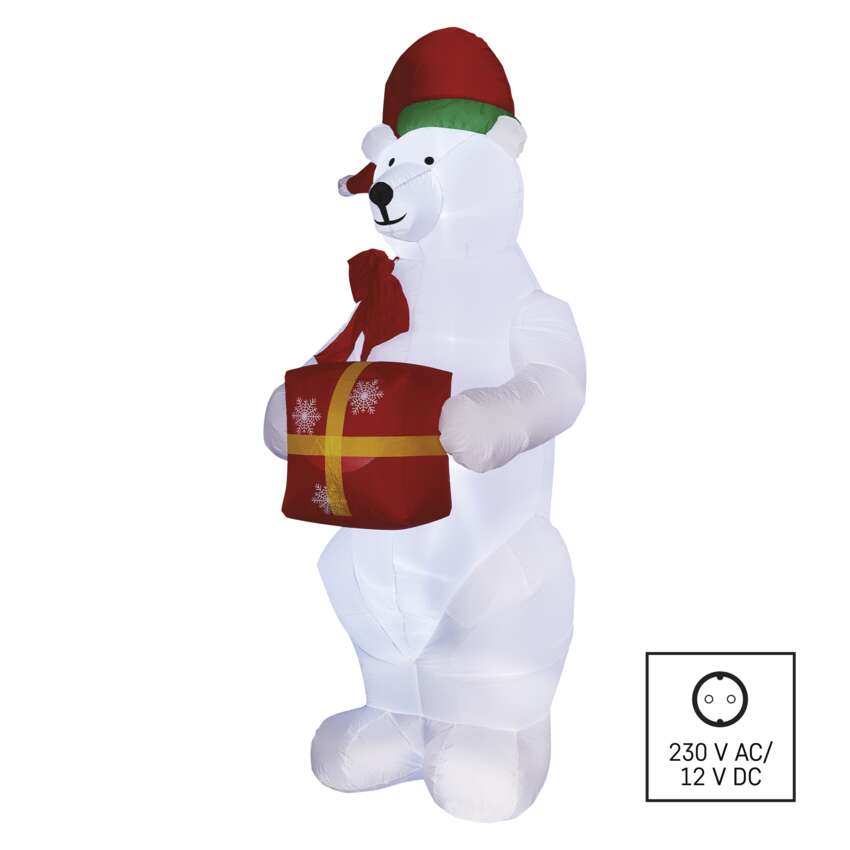 LED polarni medved z božičnim darilom, napihljiv, 240 cm, zunanji in notranji, hladna bela