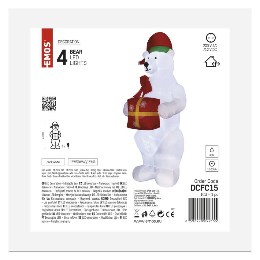 LED polarni medved z božičnim darilom, napihljiv, 240 cm, zunanji in notranji, hladna bela