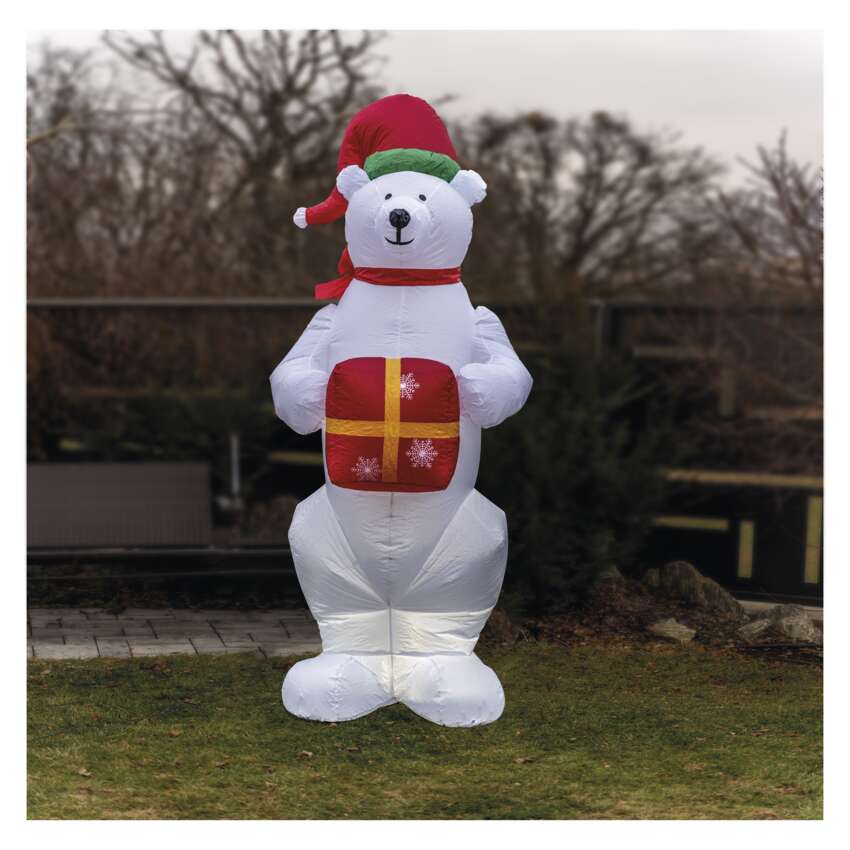 LED polarni medved z božičnim darilom, napihljiv, 240 cm, zunanji in notranji, hladna bela