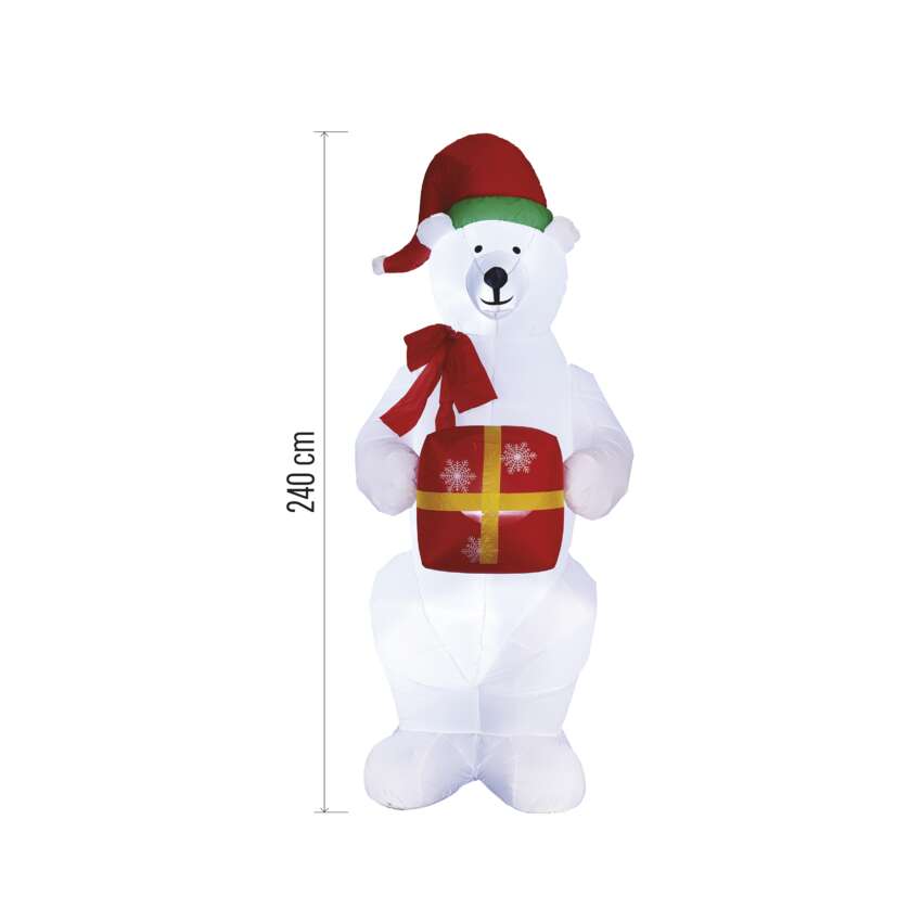 LED polarni medved z božičnim darilom, napihljiv, 240 cm, zunanji in notranji, hladna bela