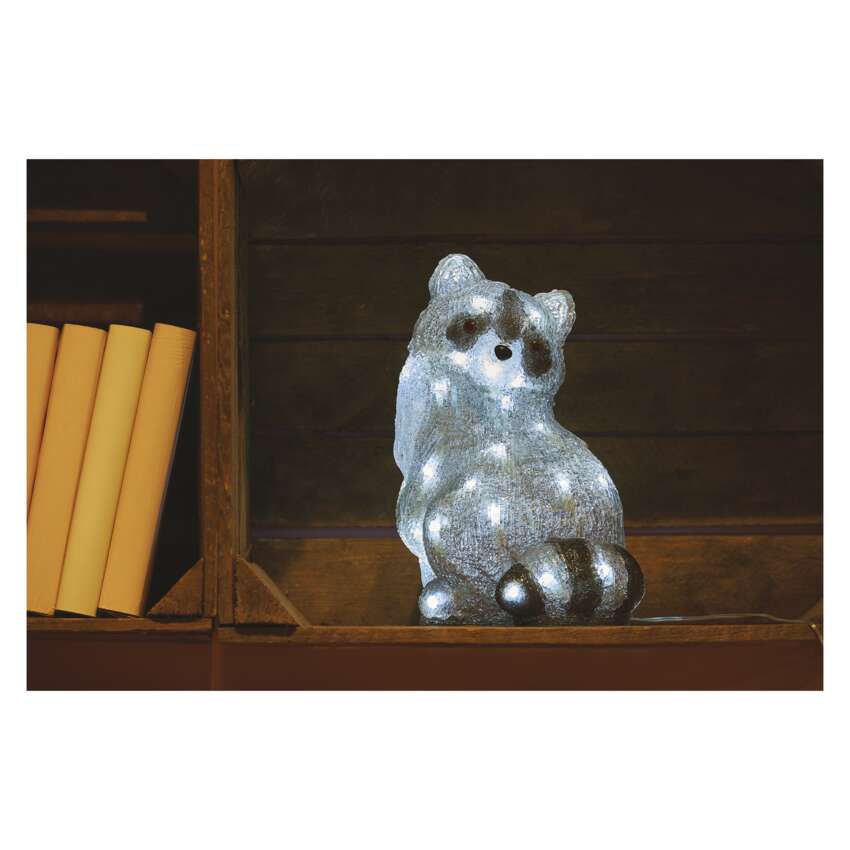 LED dekoracija – svetleči rakun, 28 cm, zunanja in notranja, hladna bela, časovnik