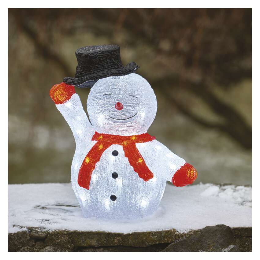 LED božični snežak s klobukom, 36 cm, zunanji in notranji, hladna bela, časovnik