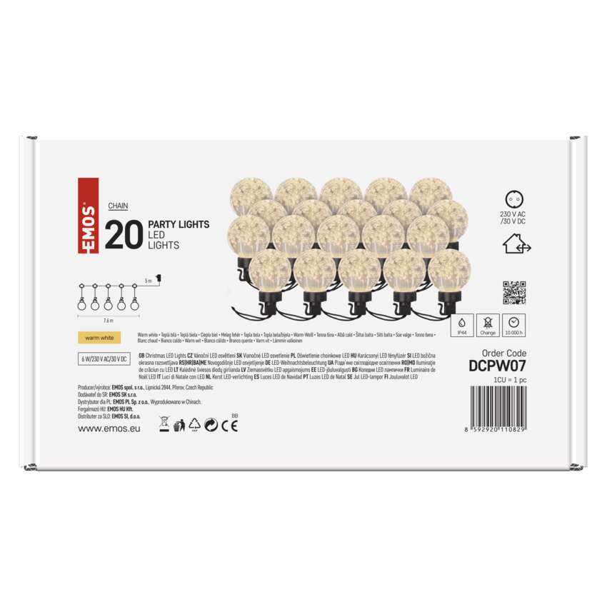 LED svetlobna veriga – 20x party lučke, 7,6 m, zunanja in notranja, topla bela