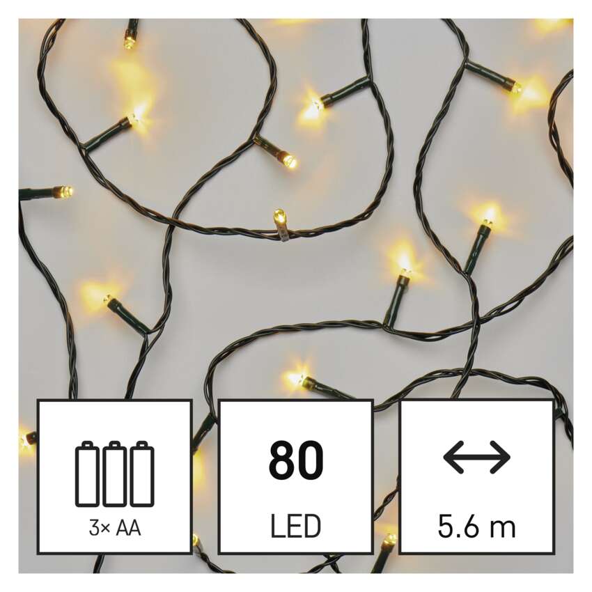 LED božična veriga, 5,6 m, 3x AA, zunanja in notranja, topla bela, časovnik