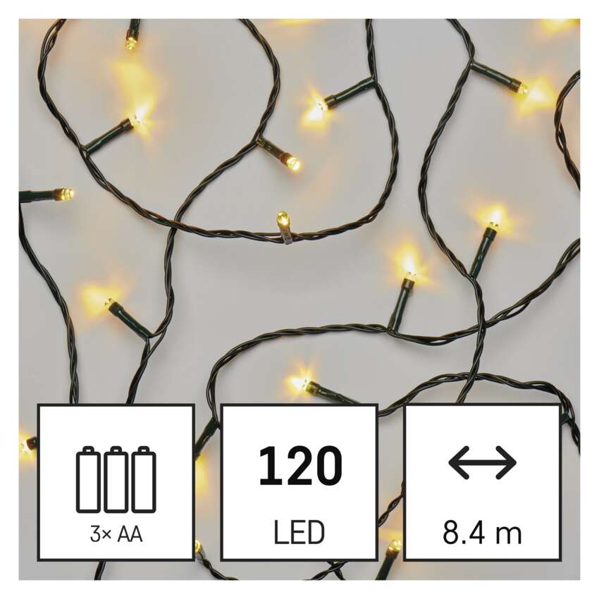 LED božična veriga, 8,4 m, 3x AA, zunanja in notranja, topla bela, časovnik